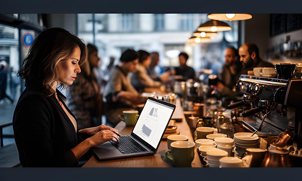 Inhaberin eines Berliner Cafés prüft Kennzahlen an einem Laptop neben einer belebten Theke